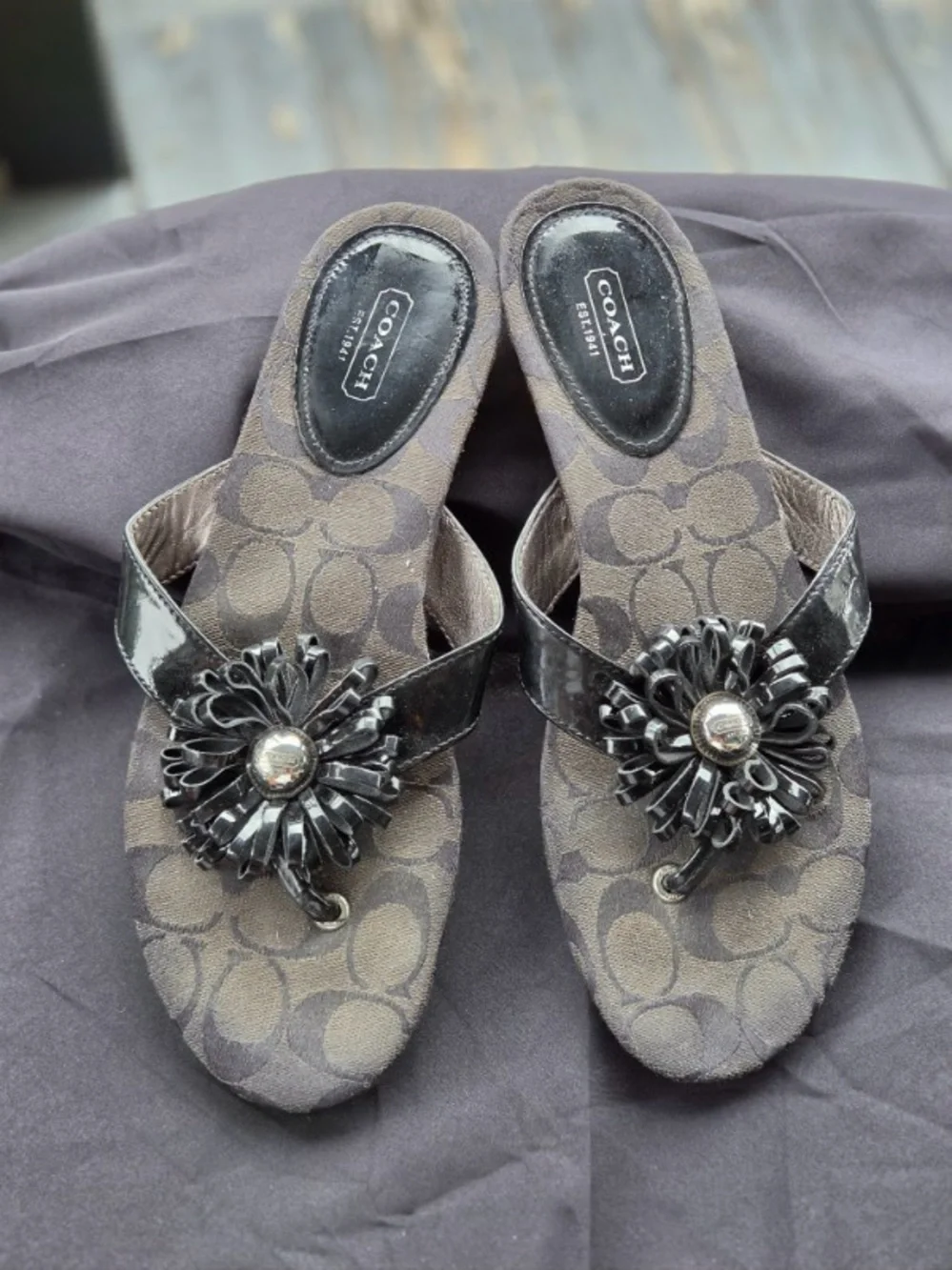 Coach Black Floral Applique Slip-On Sandals
